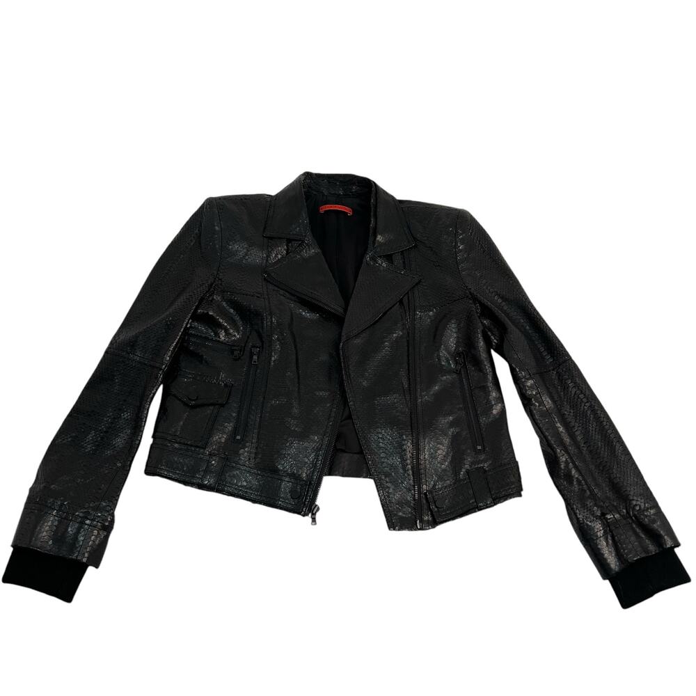 Alice + Olivia Lamb Leather Python Moto Jacket Bl… - image 6